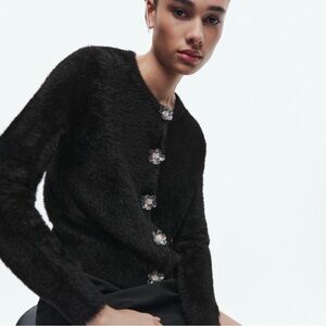 Zara Flower Button Faux Fur Knit Cardigan